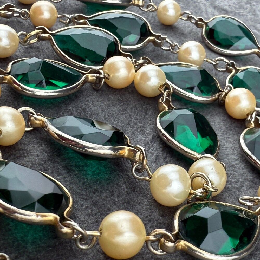 Long Vintage Necklace Gold-Tone Chain Green Teardrop Glass Bezel Faux Pearl  50”